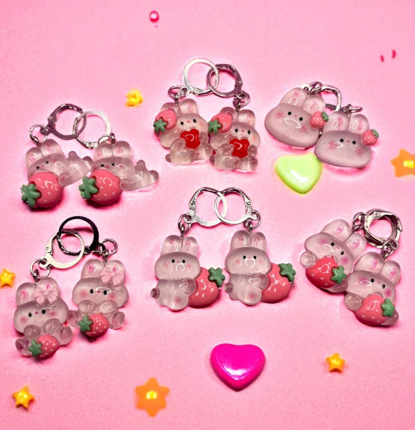 Bunny rabbit translucent earrings strawberry drop earrings in multiple styles. Kids teen adult animal cartoon style. novelty costume jewell