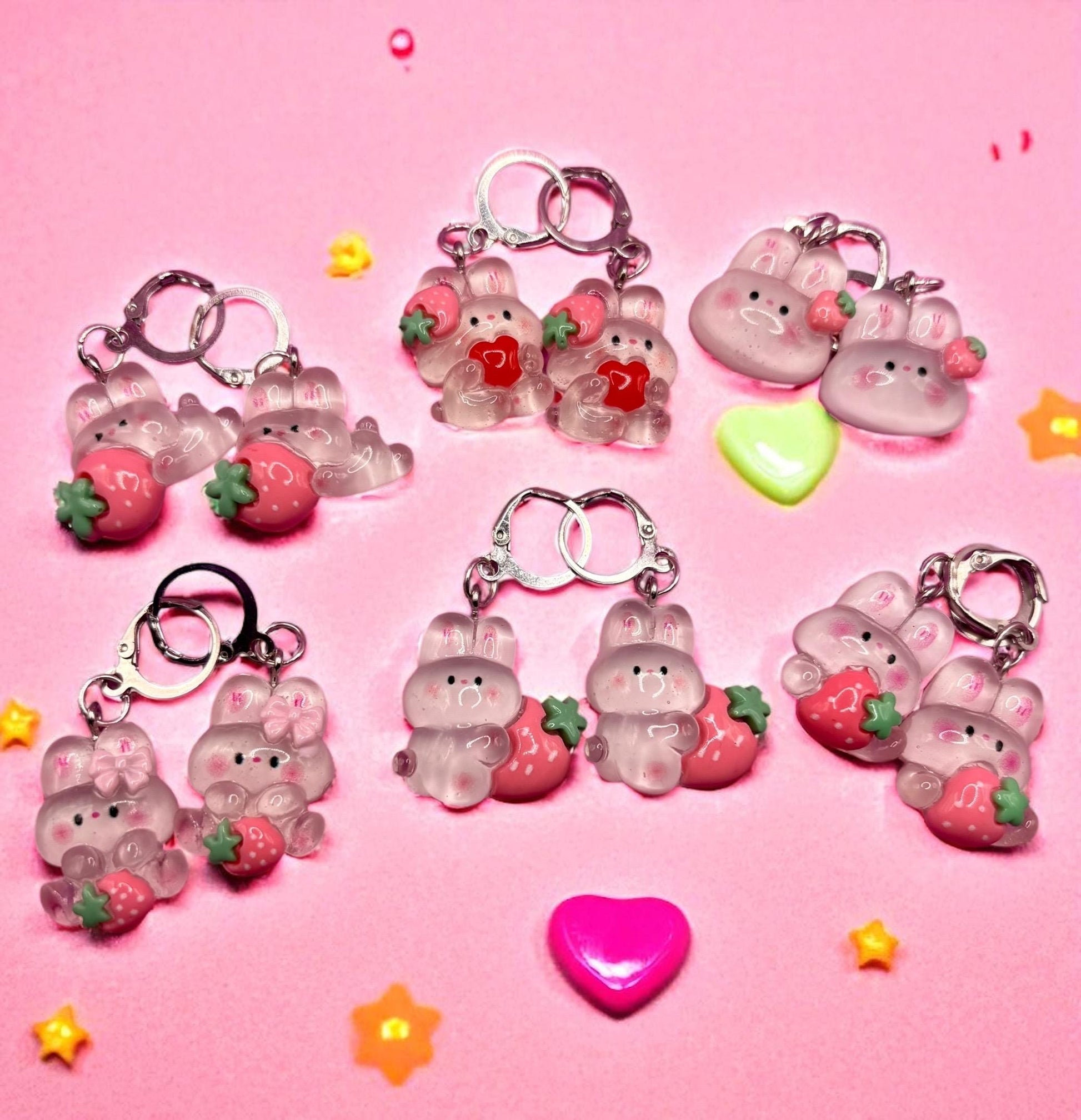 Bunny rabbit translucent earrings strawberry drop earrings in multiple styles. Kids teen adult animal cartoon style. novelty costume jewell