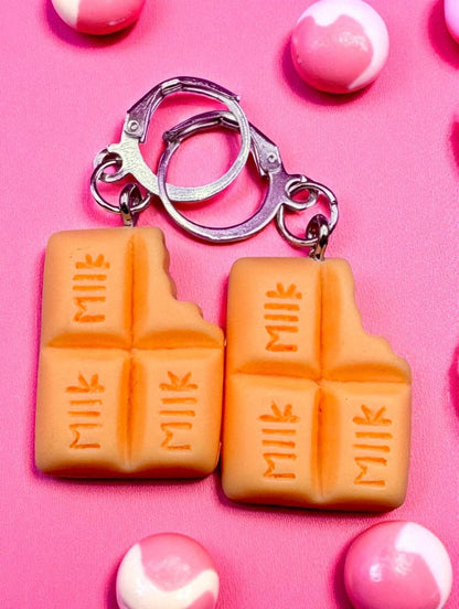 Chocolate earrings, dangly drop earrings. available in multiple colours. pink blue brown purple. cartoon style. novelty costume jewellery