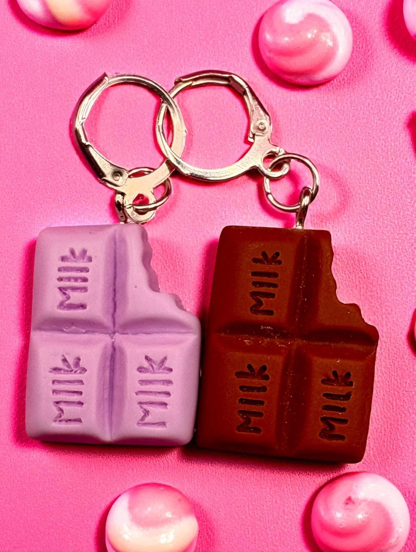 Chocolate earrings, dangly drop earrings. available in multiple colours. pink blue brown purple. cartoon style. novelty costume jewellery