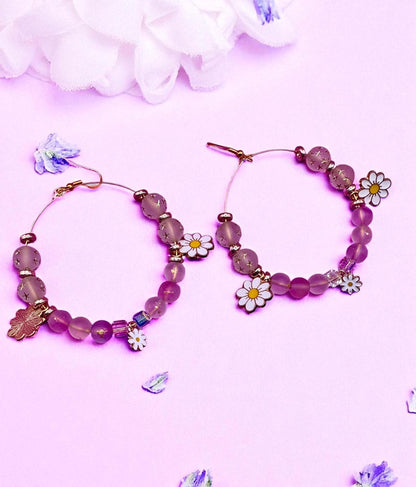 Handmade beaded hoop earrings- Daisy gold pendant glass bead large hoops metallic beads gold spacers unique summer festival earrings