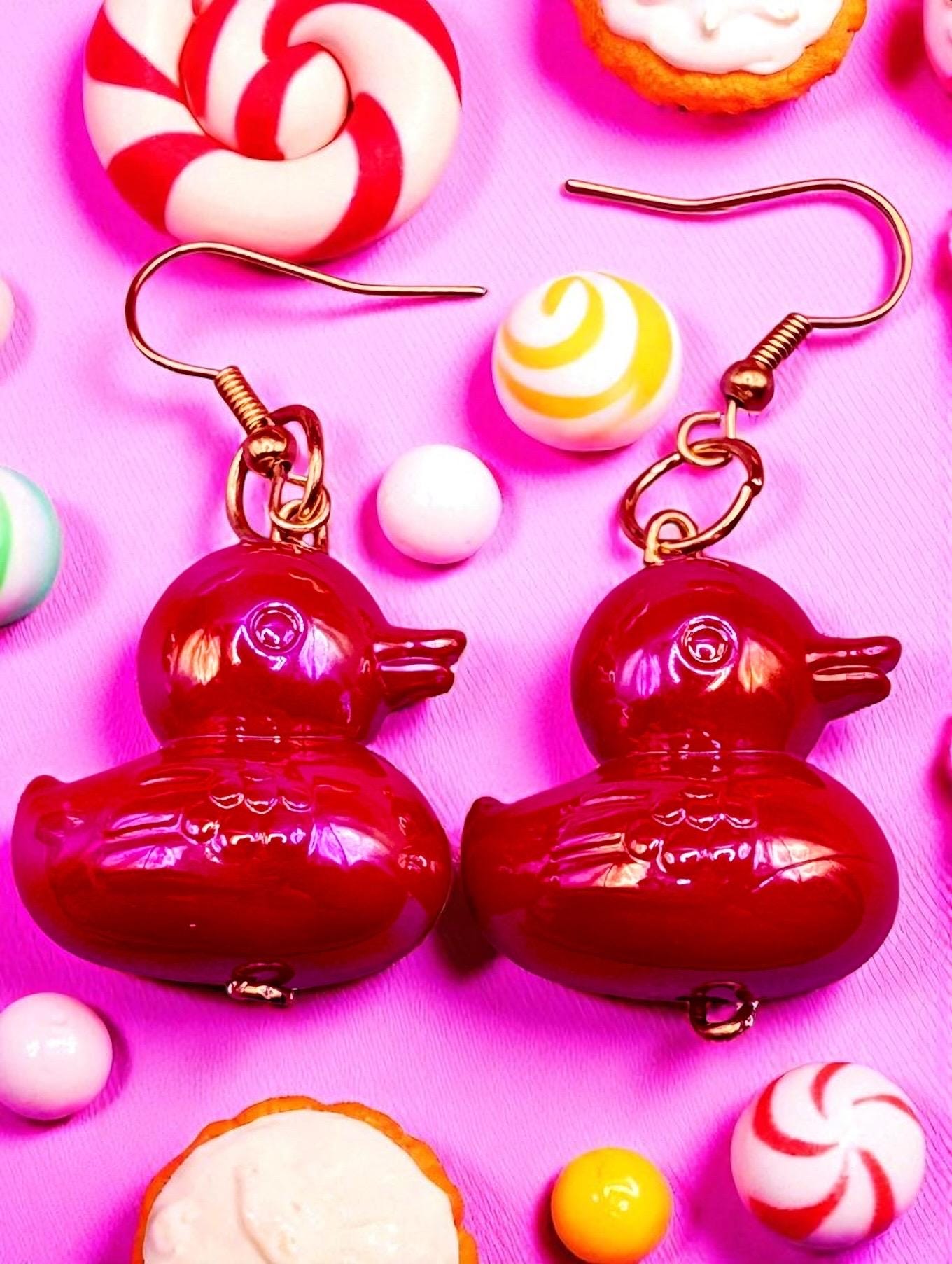 Large rubber duck earrings, dangly drop earrings Red blue green yellow resin fun novelty