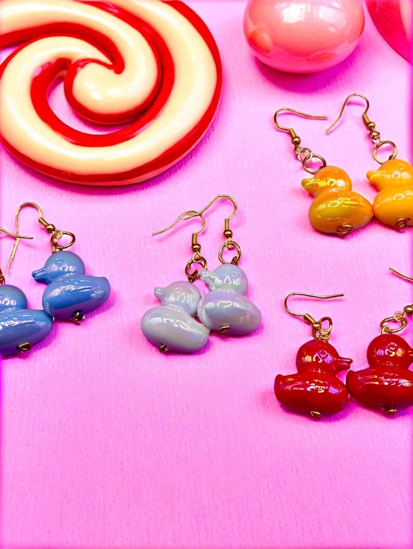 Large rubber duck earrings, dangly drop earrings Red blue green yellow resin fun novelty