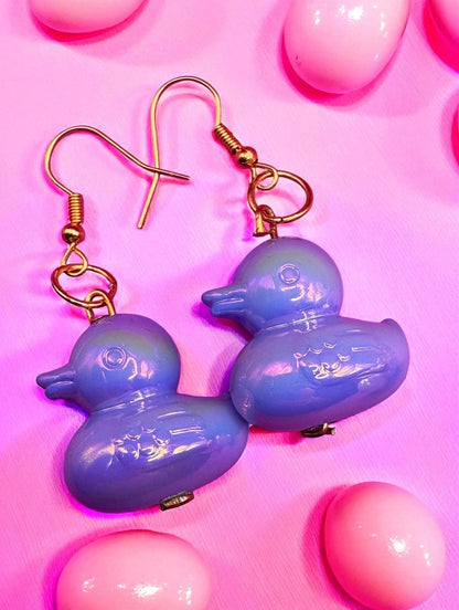 Large rubber duck earrings, dangly drop earrings Red blue green yellow resin fun novelty