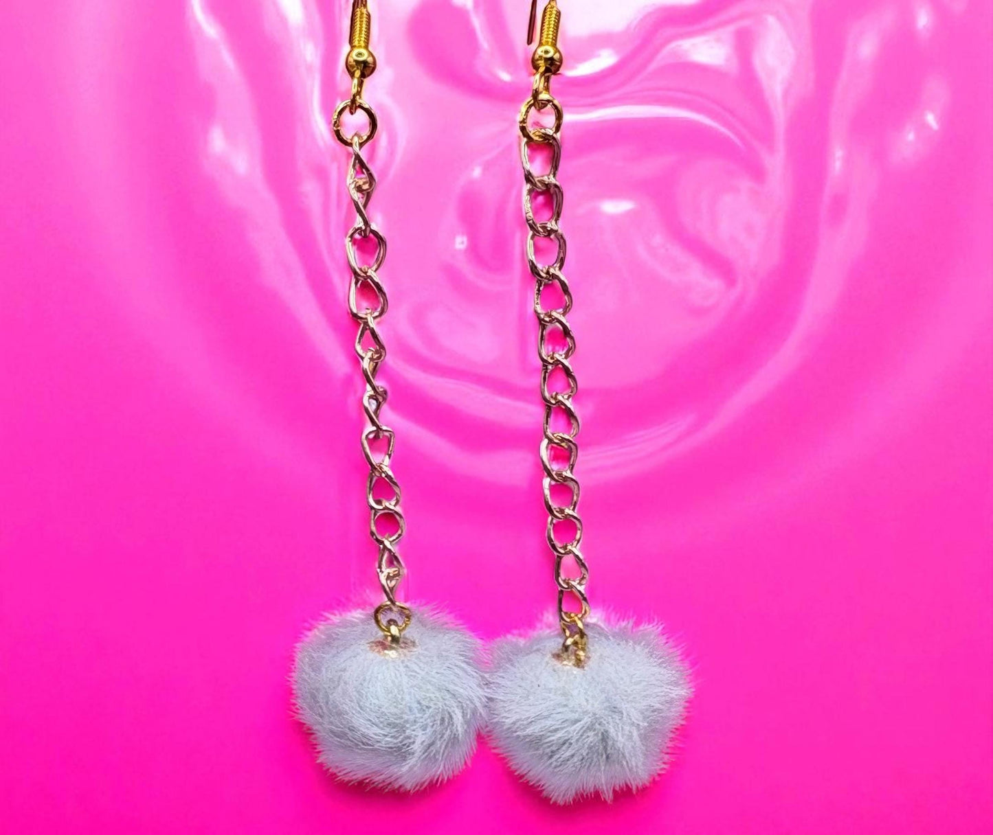 Long fluffy pom pom dangly drop earrings Handmade costume jewellery gold with rose gold chain