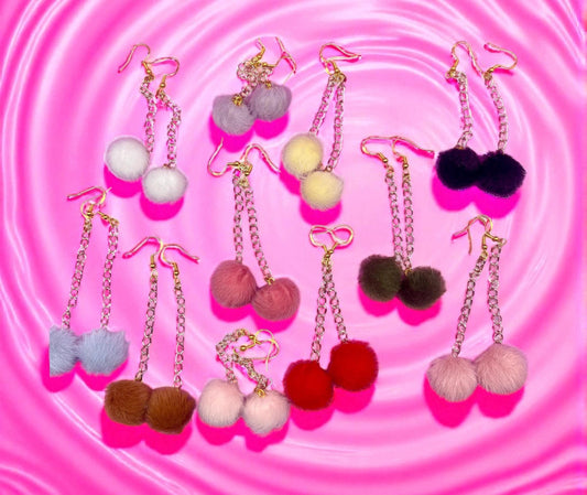 Long fluffy pom pom dangly drop earrings Handmade costume jewellery gold with rose gold chain