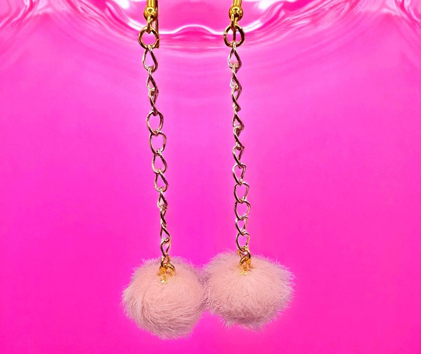 Long fluffy pom pom dangly drop earrings Handmade costume jewellery gold with rose gold chain