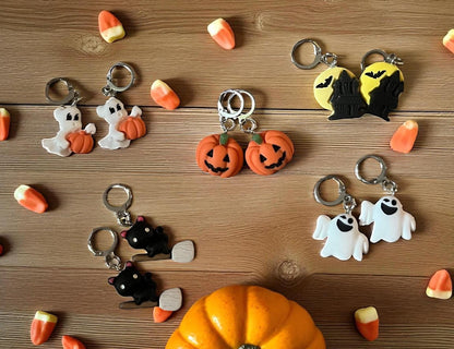 Halloween dangly drop earrings pumpkin ghost black cat witches hat spooky creepy scary decorations costume accessories