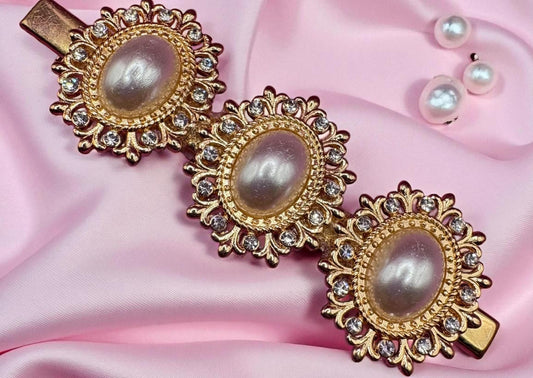 gold oval pearl style rhinestone statement hair clip large 8cm long