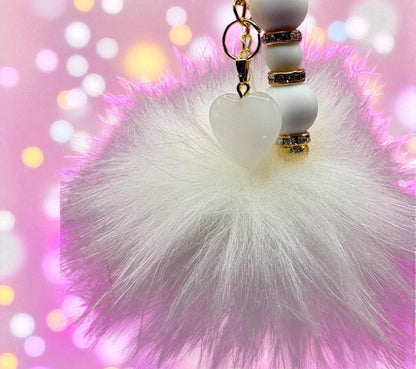 beaded keychain bag charm white beads with gold sparkly spacers heart pendant and fluffy ball