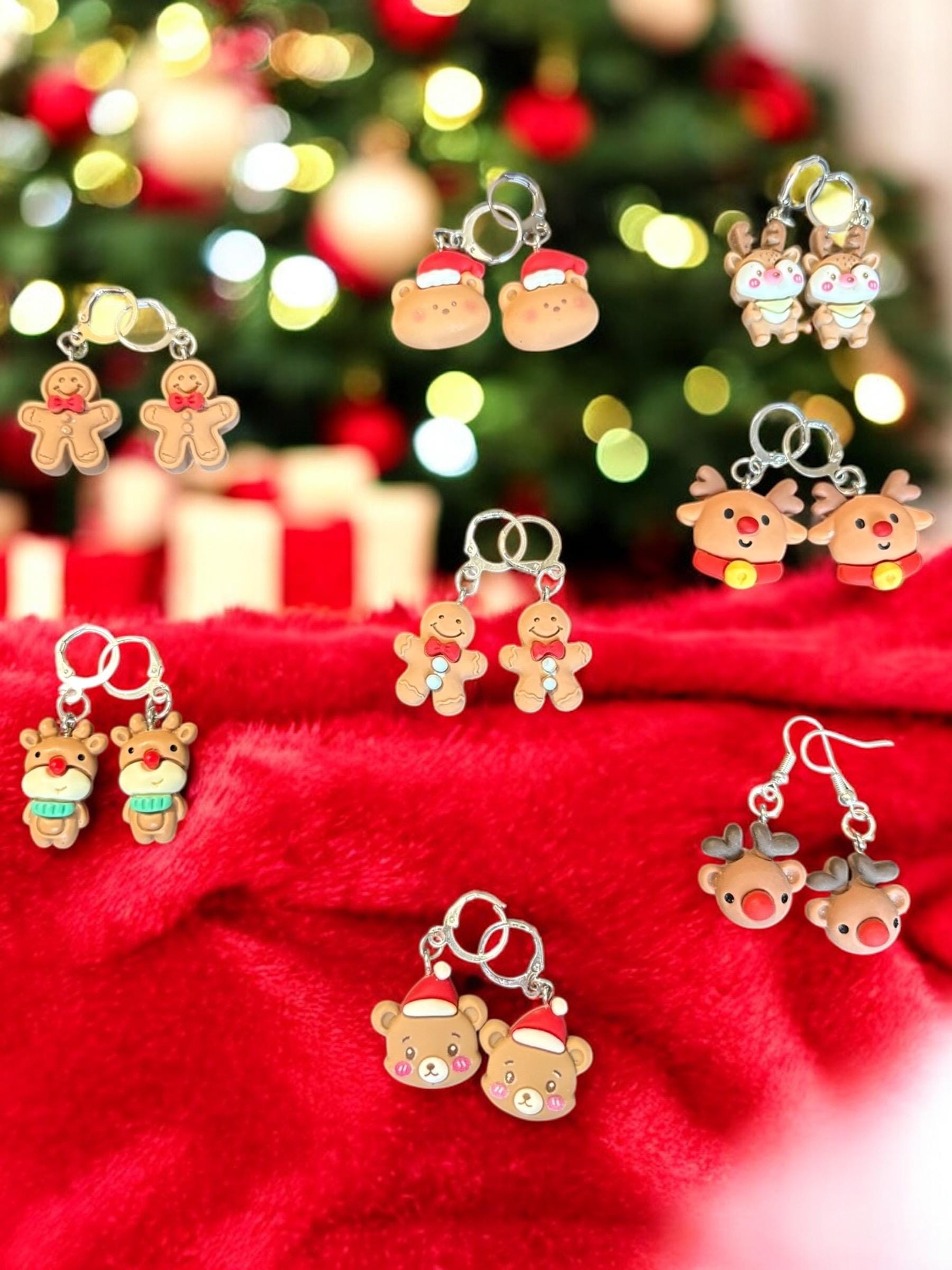 Cute Christmas Earrings Gingerbread, Reindeer Santa Bear Dangle Earrings Holiday Gift Jewelry Festive Clay Earrings