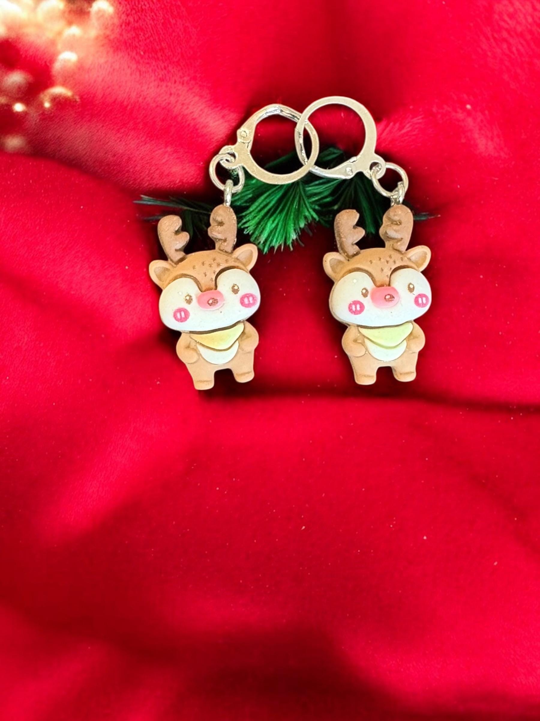 Cute Christmas Earrings Gingerbread, Reindeer Santa Bear Dangle Earrings Holiday Gift Jewelry Festive Clay Earrings