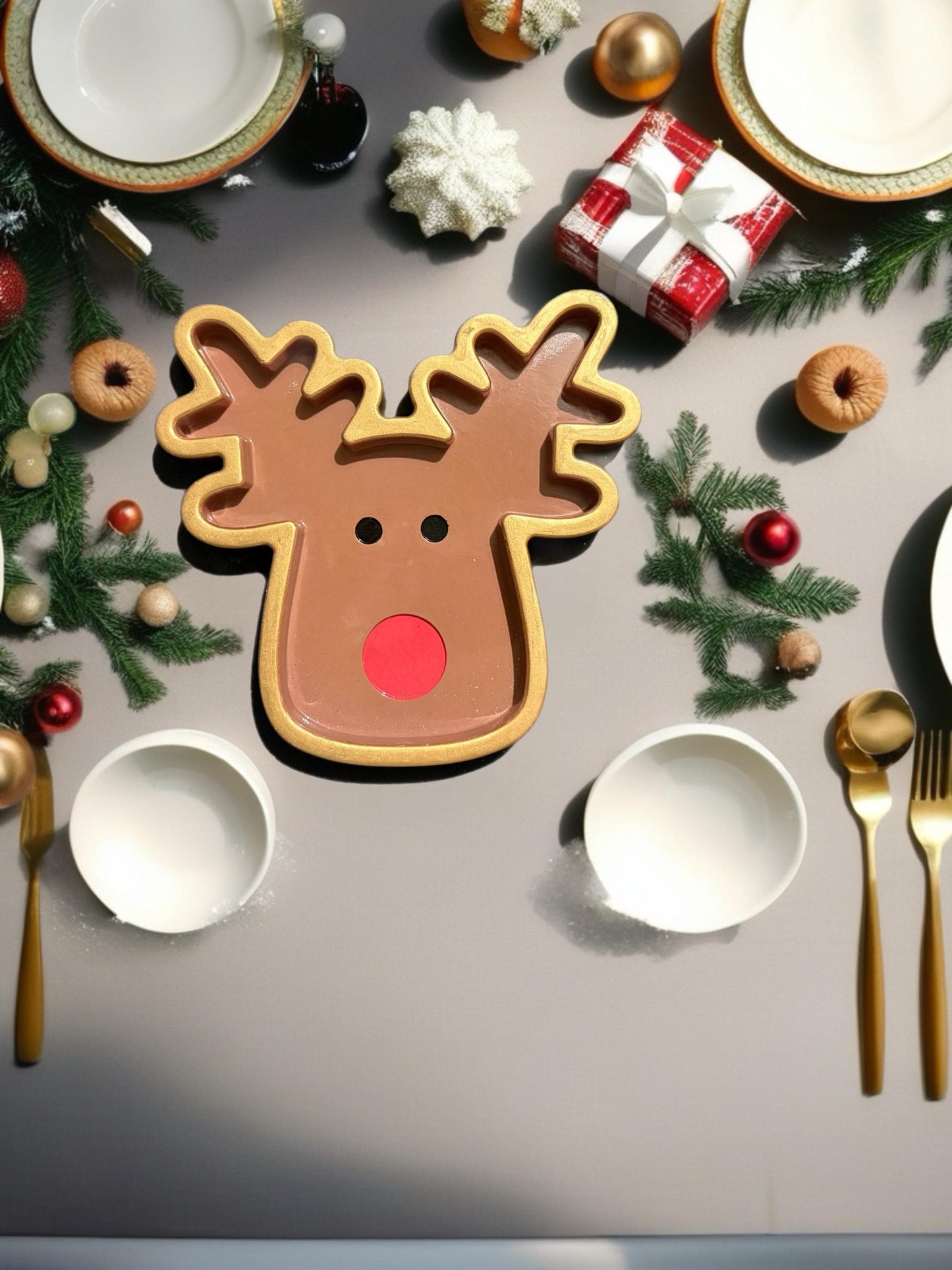 Reindeer Ceramic Christmas Tray Rudolph Shaped Festive Plate Holiday Serving Dish Christmas Table Decor Gift for Host or Home