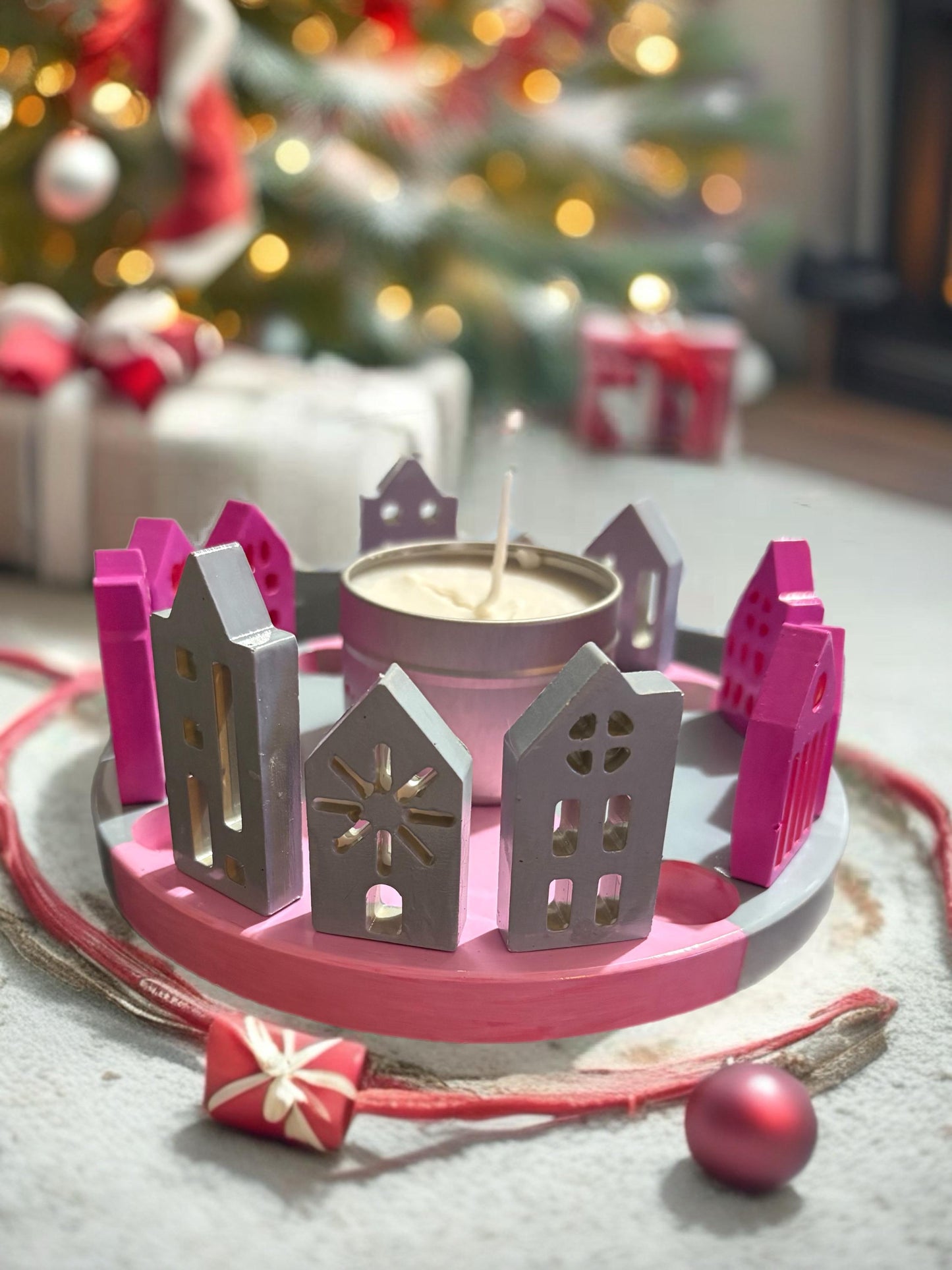 Christmas Village Ceramic Candle Holder Hand-Painted Festive Tealight Holder Holiday Centerpiece Christmas Home Decor (Candle Not Incl