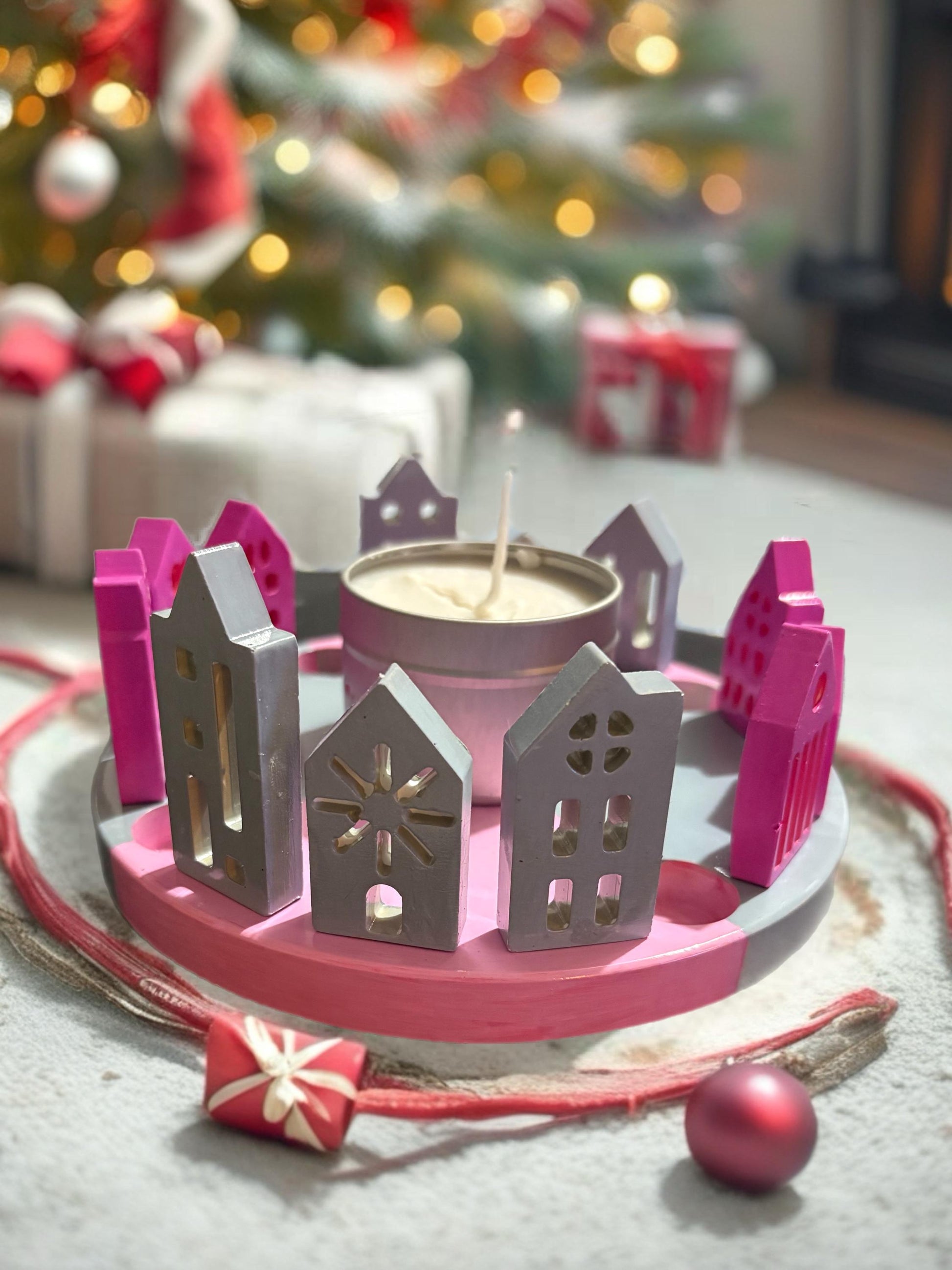 Christmas Village Ceramic Candle Holder Hand-Painted Festive Tealight Holder Holiday Centerpiece Christmas Home Decor (Candle Not Incl