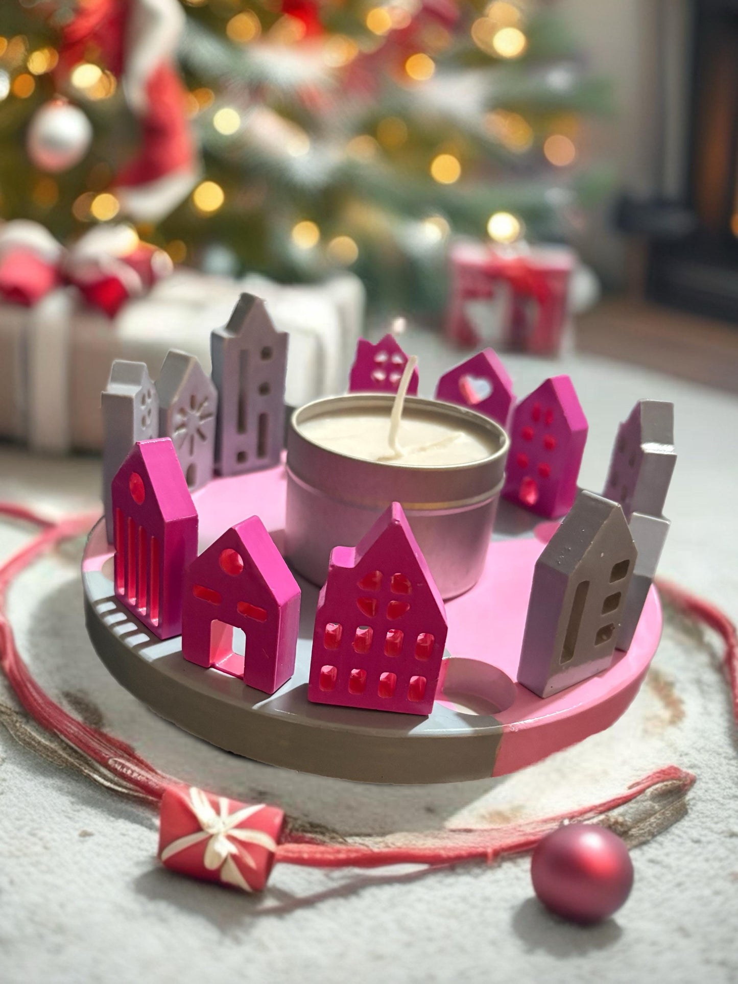 Christmas Village Ceramic Candle Holder Hand-Painted Festive Tealight Holder Holiday Centerpiece Christmas Home Decor (Candle Not Incl