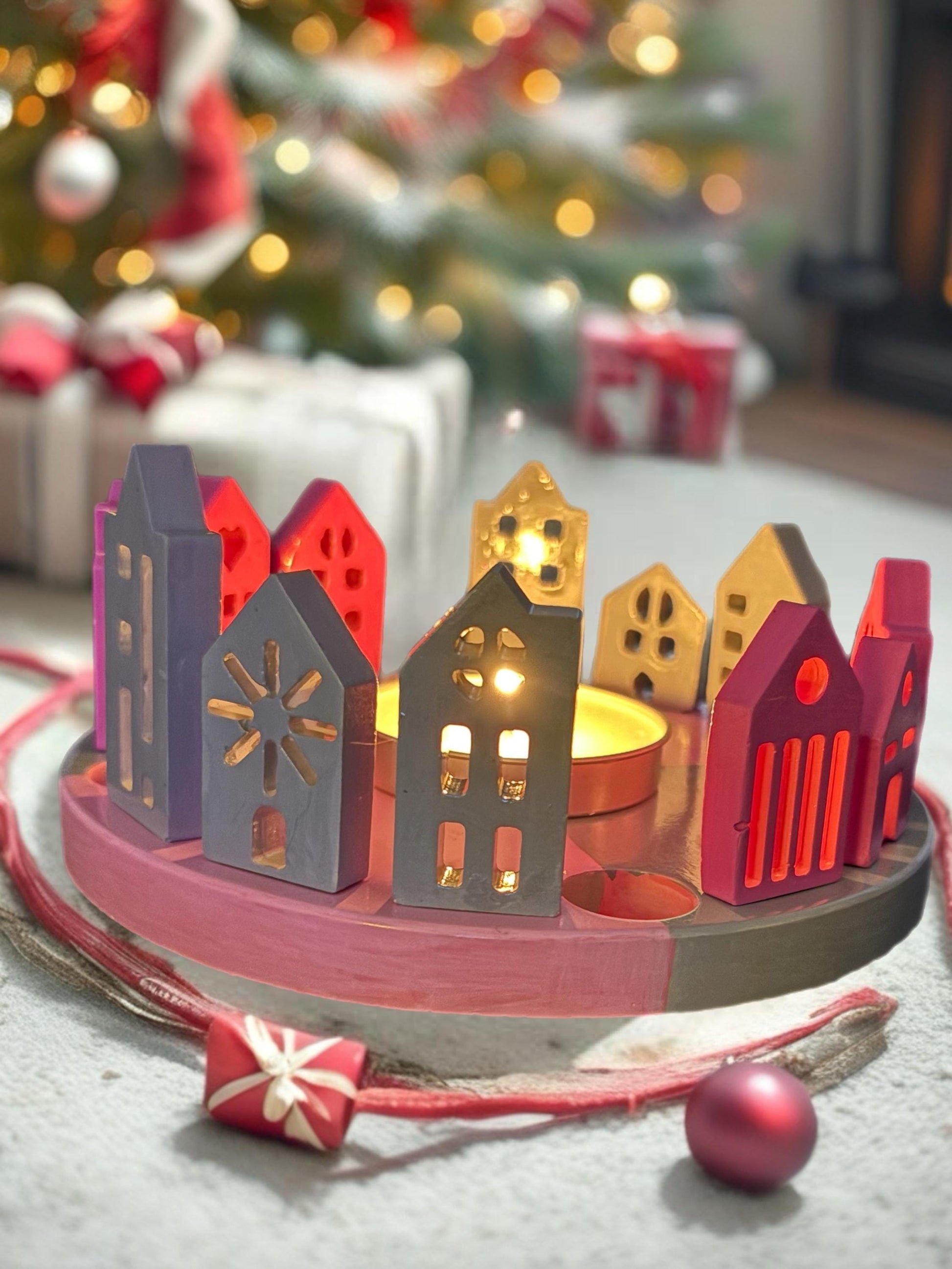 Christmas Village Ceramic Candle Holder Hand-Painted Festive Tealight Holder Holiday Centerpiece Christmas Home Decor (Candle Not Incl