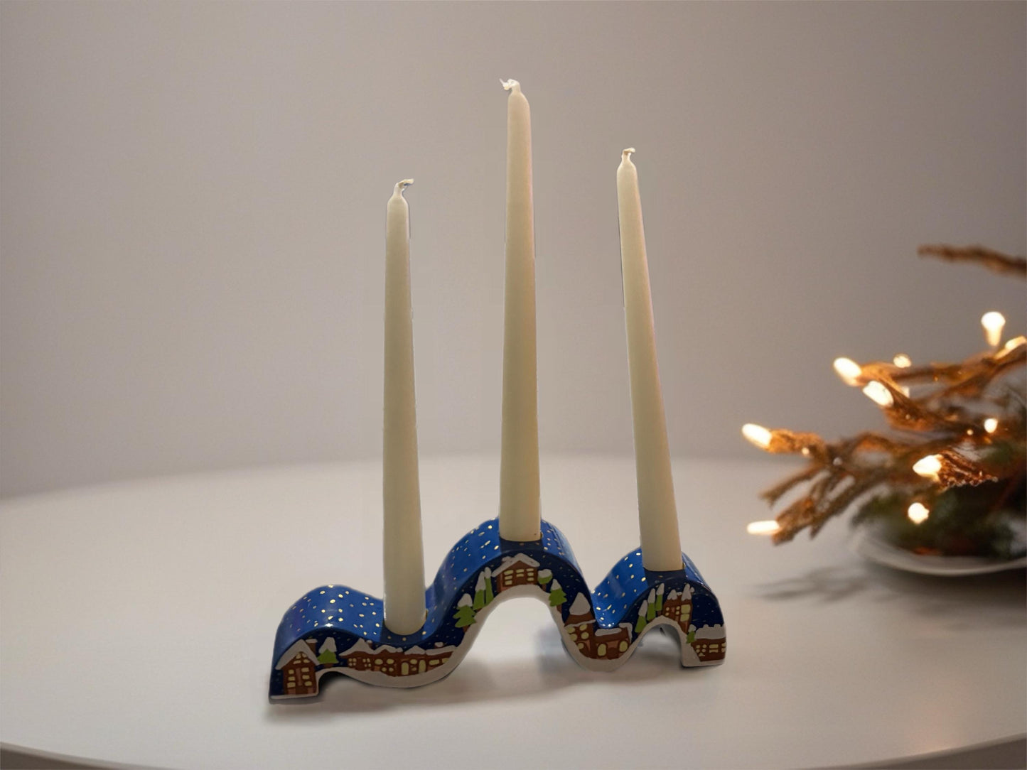 Ceramic Christmas Candle Holder Hand-Painted Festive Taper Holder Holiday Table Decor Winter Village Star Design Candle Not Included