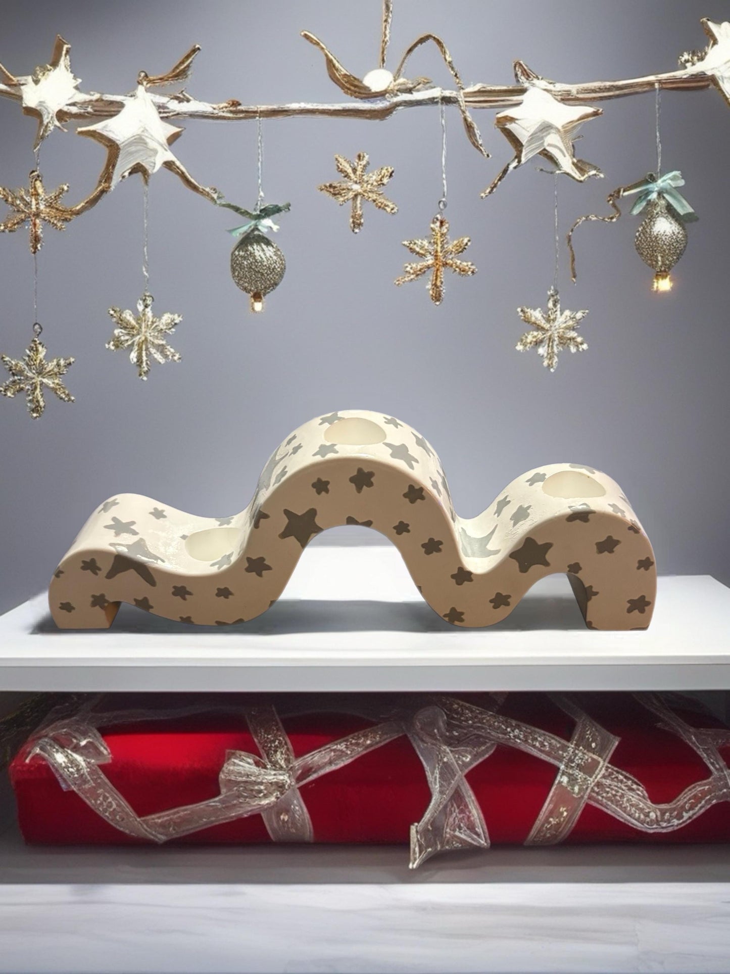 Ceramic Christmas Candle Holder Hand-Painted Festive Taper Holder Holiday Table Decor Winter Village Star Design Candle Not Included