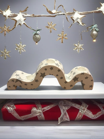 Ceramic Christmas Candle Holder Hand-Painted Festive Taper Holder Holiday Table Decor Winter Village Star Design Candle Not Included