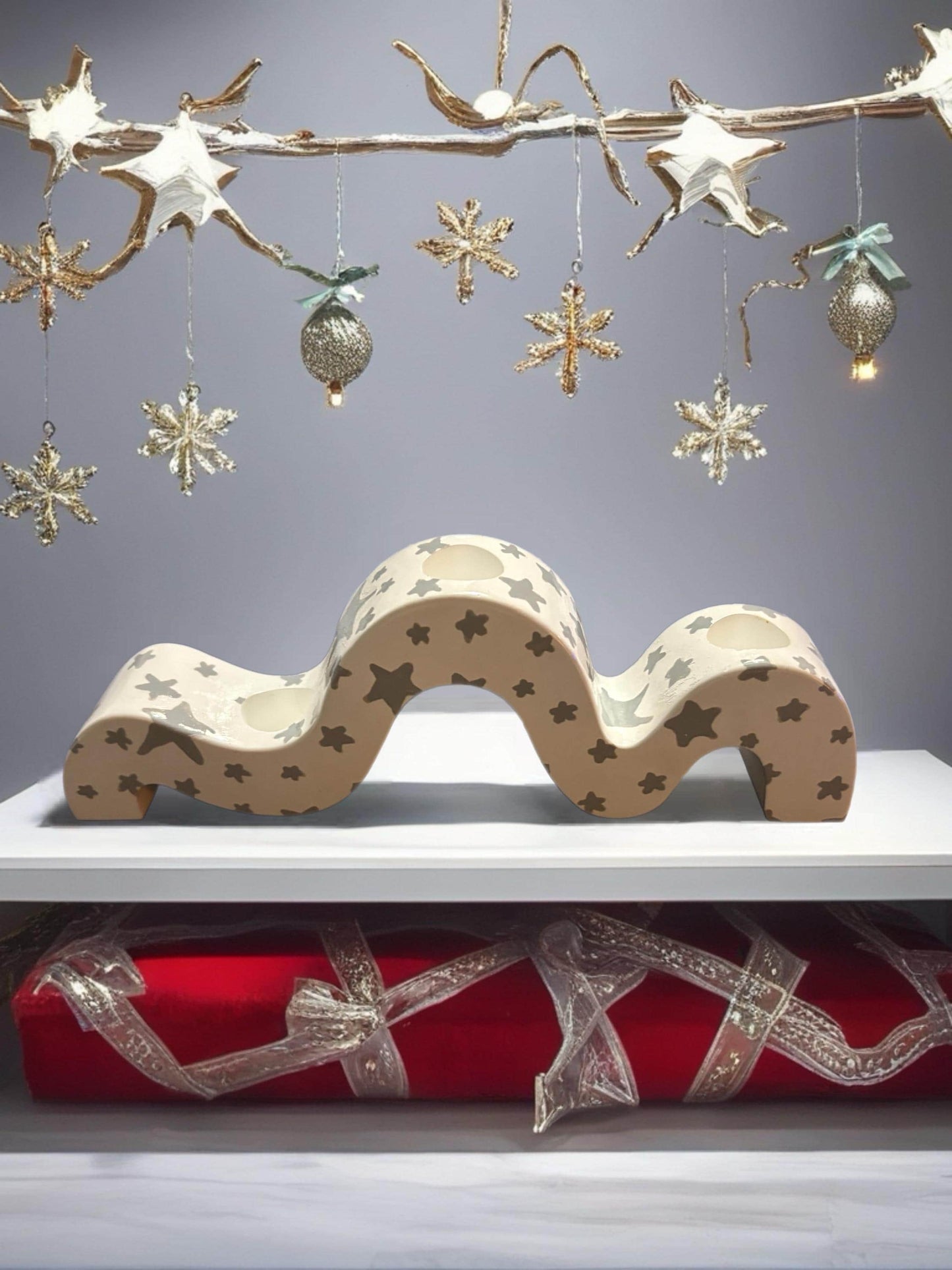 Ceramic Christmas Candle Holder Hand-Painted Festive Taper Holder Holiday Table Decor Winter Village Star Design Candle Not Included