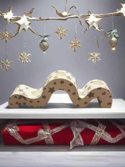 Ceramic Christmas Candle Holder Hand-Painted Festive Taper Holder Holiday Table Decor Winter Village Star Design Candle Not Included