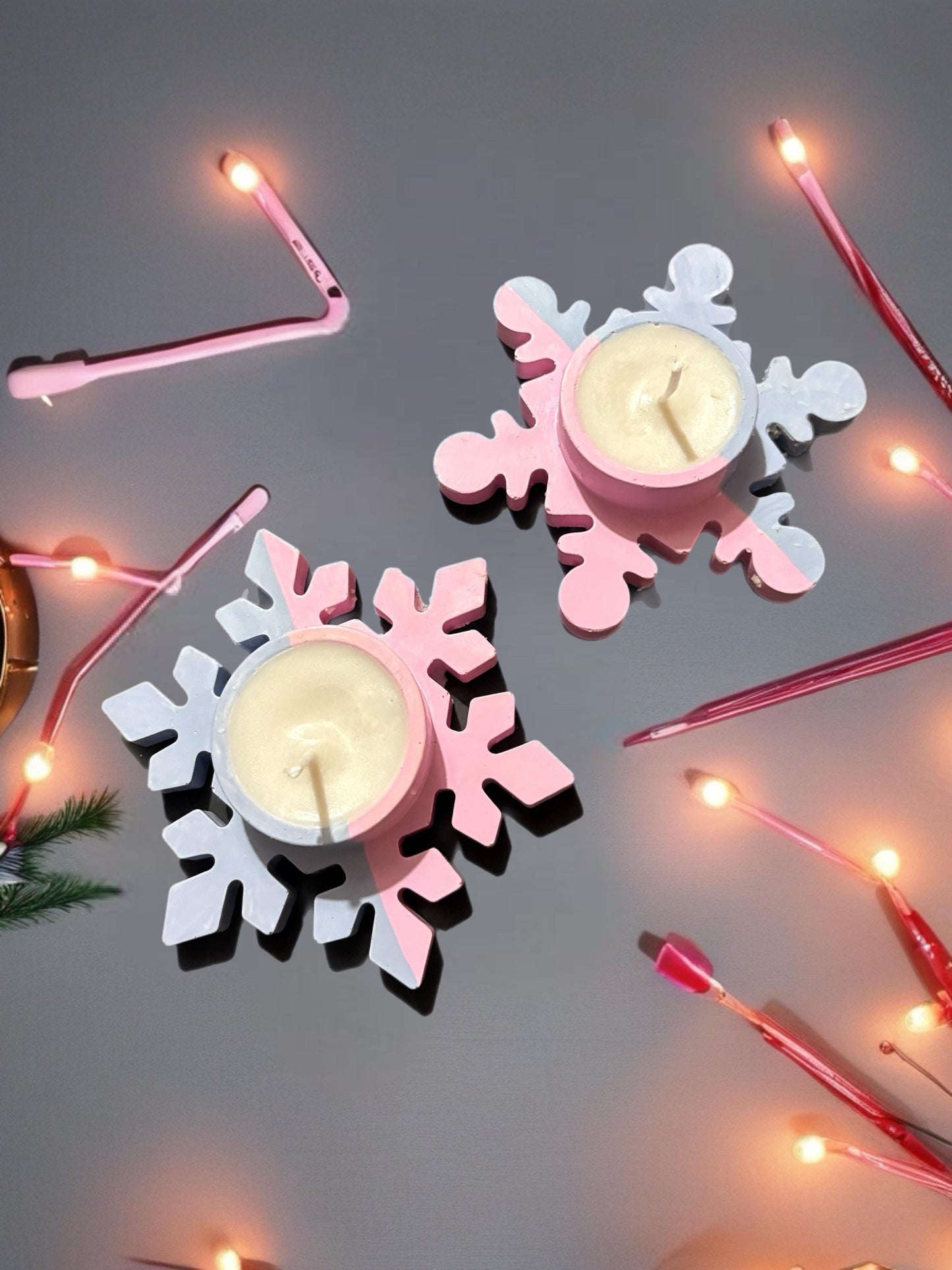 Set of 2 Ceramic Snowflake Candles Hand-Painted Winter Candle Pair Pink White Festive Tealight Holders Christmas Table Decor Cozy