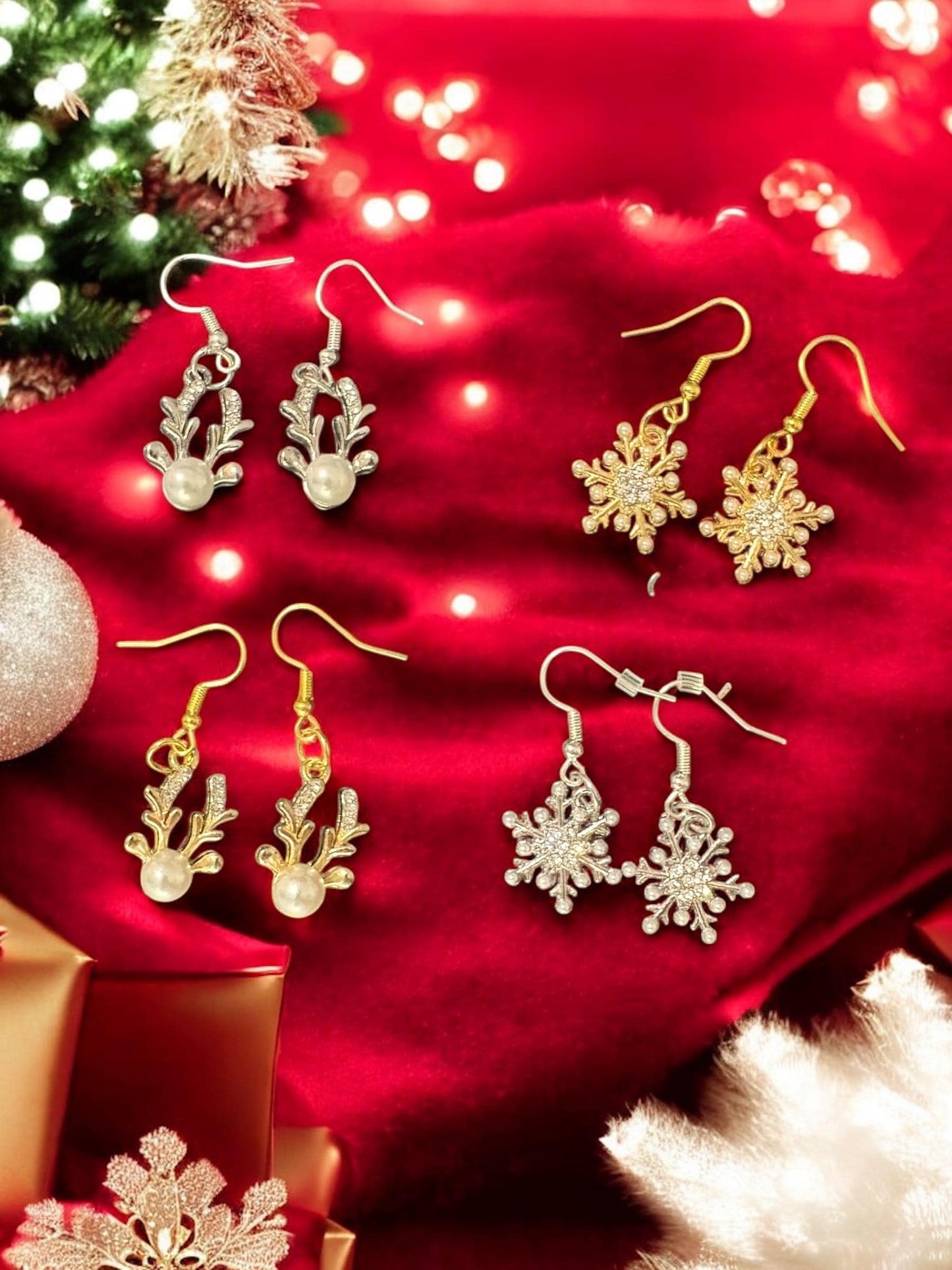 Elegant Christmas Earrings Snowflake Reindeer Pearl Earrings Gold Silver Holiday Jewelry Festive Winter Earrings for Women