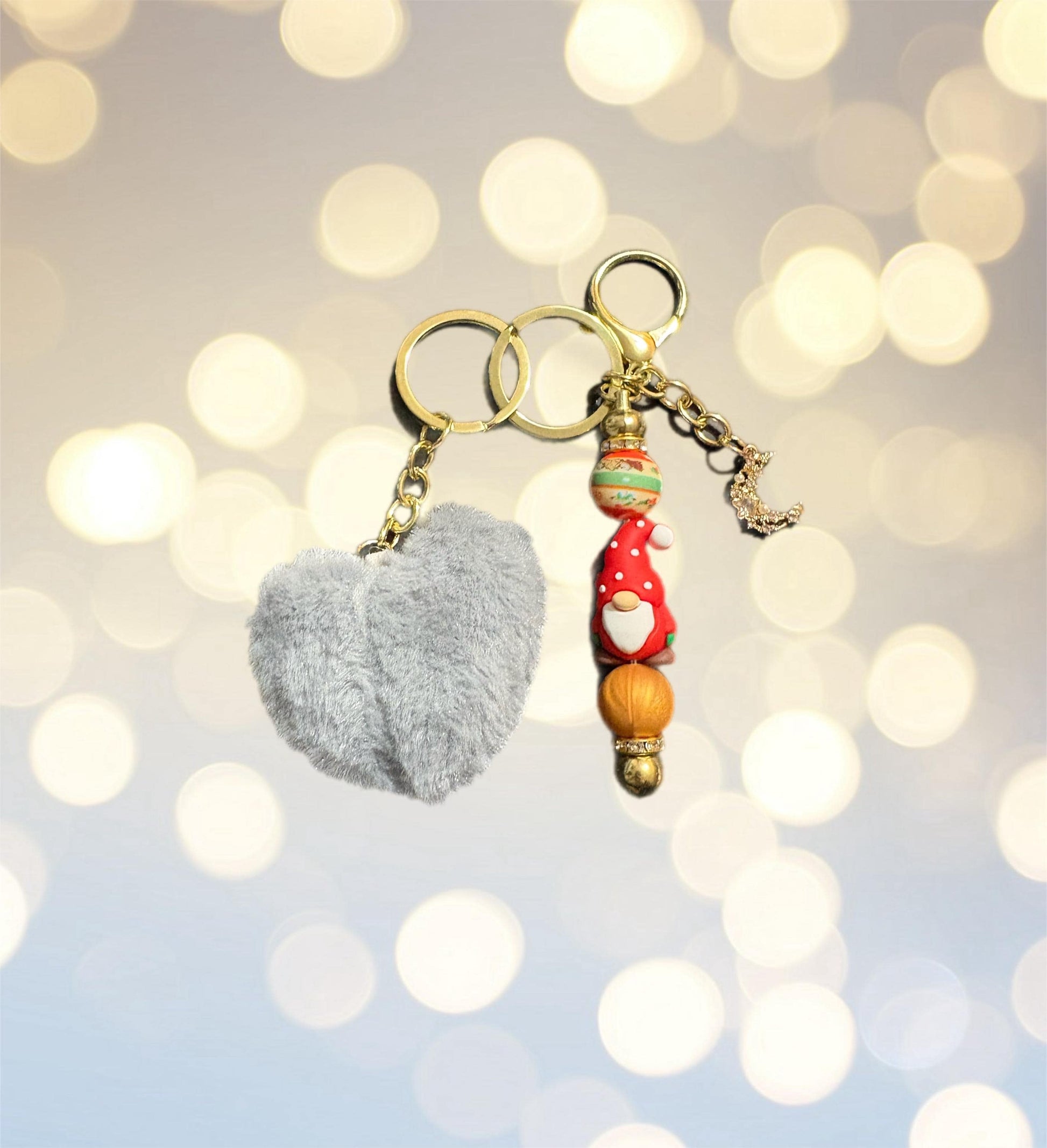 Christmas Keyring with Pom Pom pendants Beads Festive Bag Charm Holiday Gift for Her Cute Winter Keychain bag charm