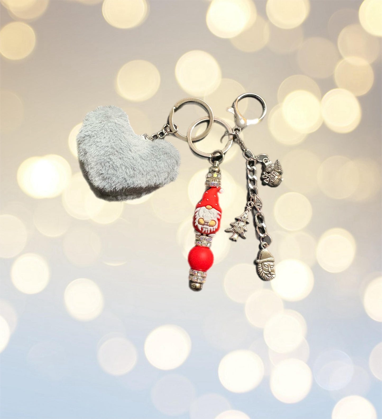 Christmas Keyring with Pom Pom pendants Beads Festive Bag Charm Holiday Gift for Her Cute Winter Keychain bag charm