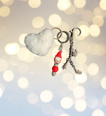 Christmas Keyring with Pom Pom pendants Beads Festive Bag Charm Holiday Gift for Her Cute Winter Keychain bag charm
