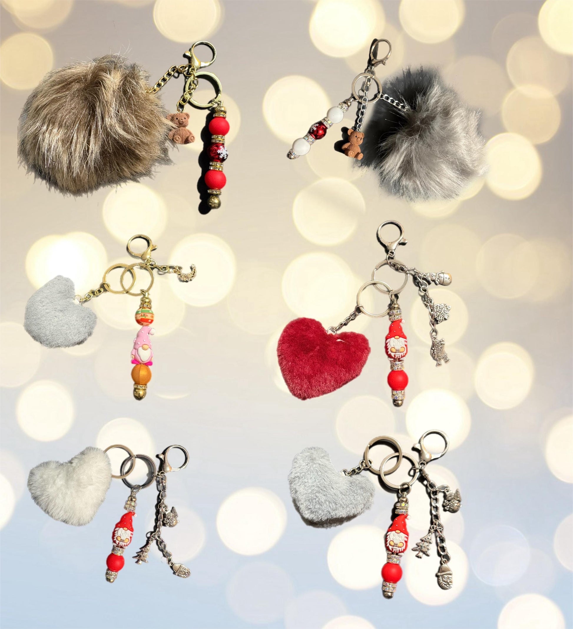 Christmas Keyring with Pom Pom pendants Beads Festive Bag Charm Holiday Gift for Her Cute Winter Keychain bag charm