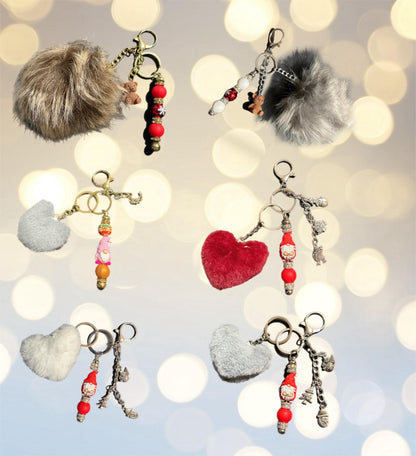 Christmas Keyring with Pom Pom pendants Beads Festive Bag Charm Holiday Gift for Her Cute Winter Keychain bag charm