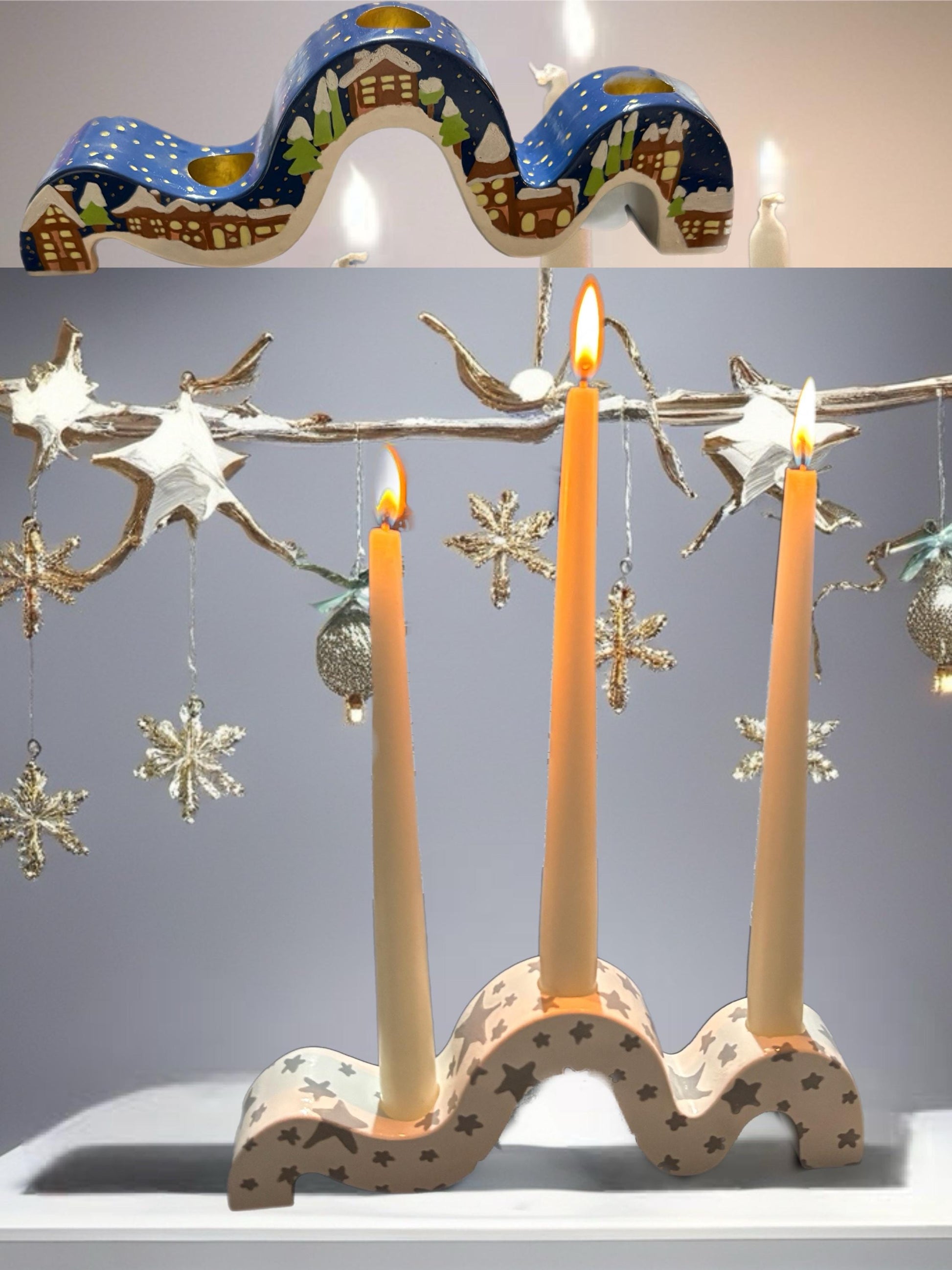 Ceramic Christmas Candle Holder Hand-Painted Festive Taper Holder Holiday Table Decor Winter Village Star Design Candle Not Included