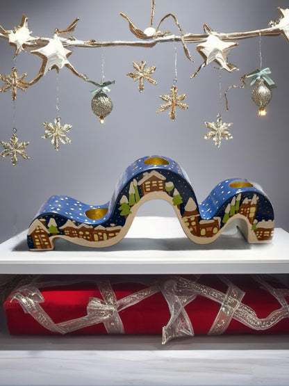 Ceramic Christmas Candle Holder Hand-Painted Festive Taper Holder Holiday Table Decor Winter Village Star Design Candle Not Included