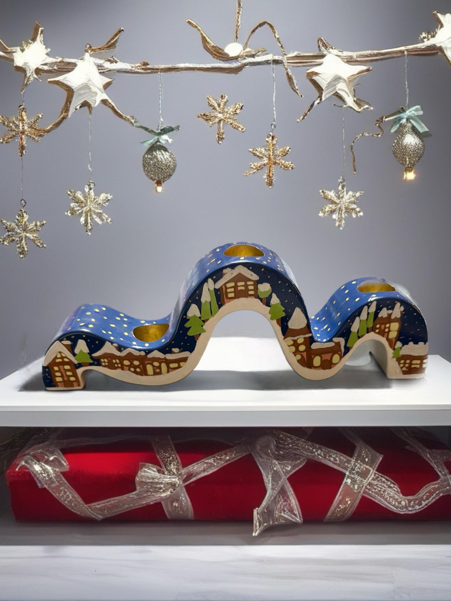 Ceramic Christmas Candle Holder Hand-Painted Festive Taper Holder Holiday Table Decor Winter Village Star Design Candle Not Included