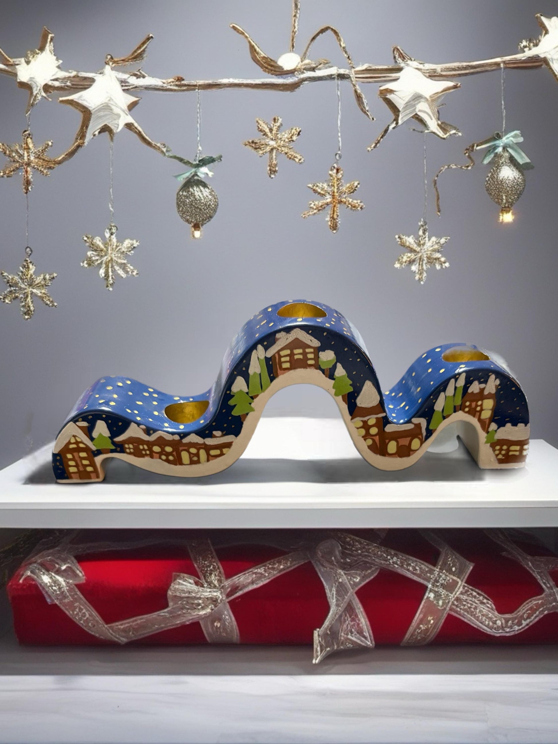 Ceramic Christmas Candle Holder Hand-Painted Festive Taper Holder Holiday Table Decor Winter Village Star Design Candle Not Included