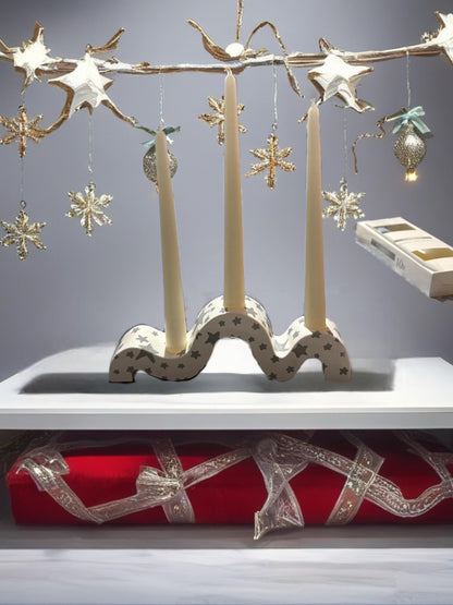 Ceramic Christmas Candle Holder Hand-Painted Festive Taper Holder Holiday Table Decor Winter Village Star Design Candle Not Included