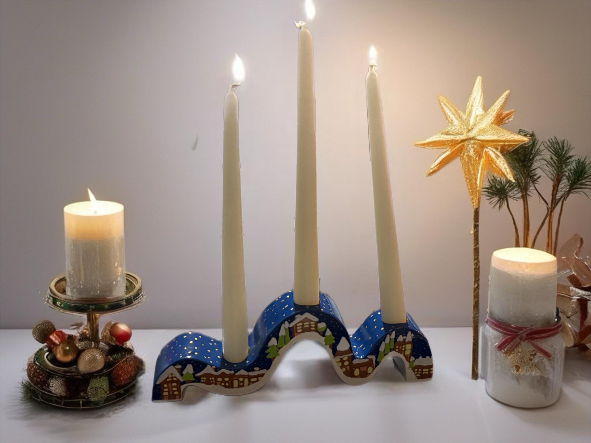Ceramic Christmas Candle Holder Hand-Painted Festive Taper Holder Holiday Table Decor Winter Village Star Design Candle Not Included