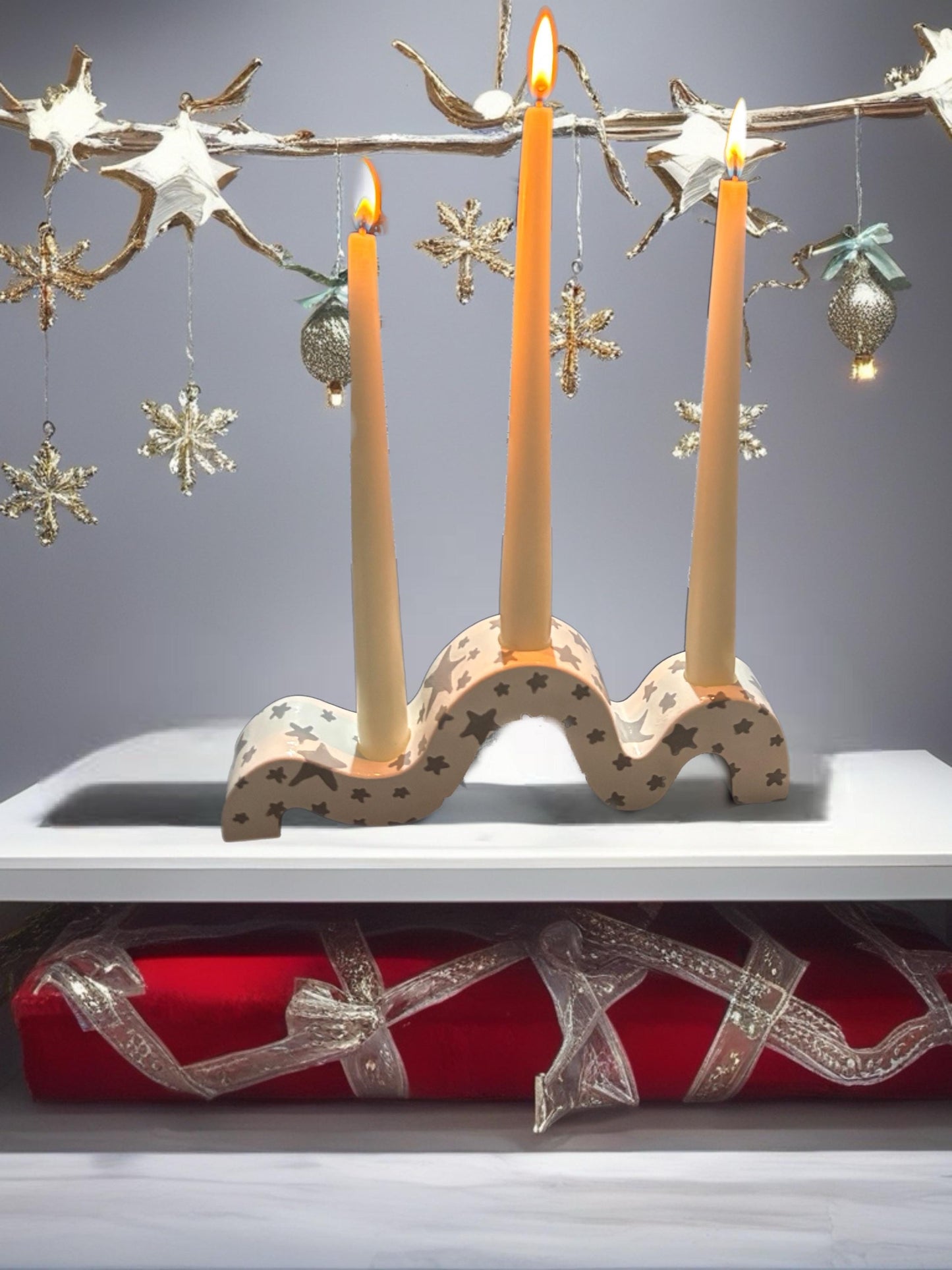 Ceramic Christmas Candle Holder Hand-Painted Festive Taper Holder Holiday Table Decor Winter Village Star Design Candle Not Included
