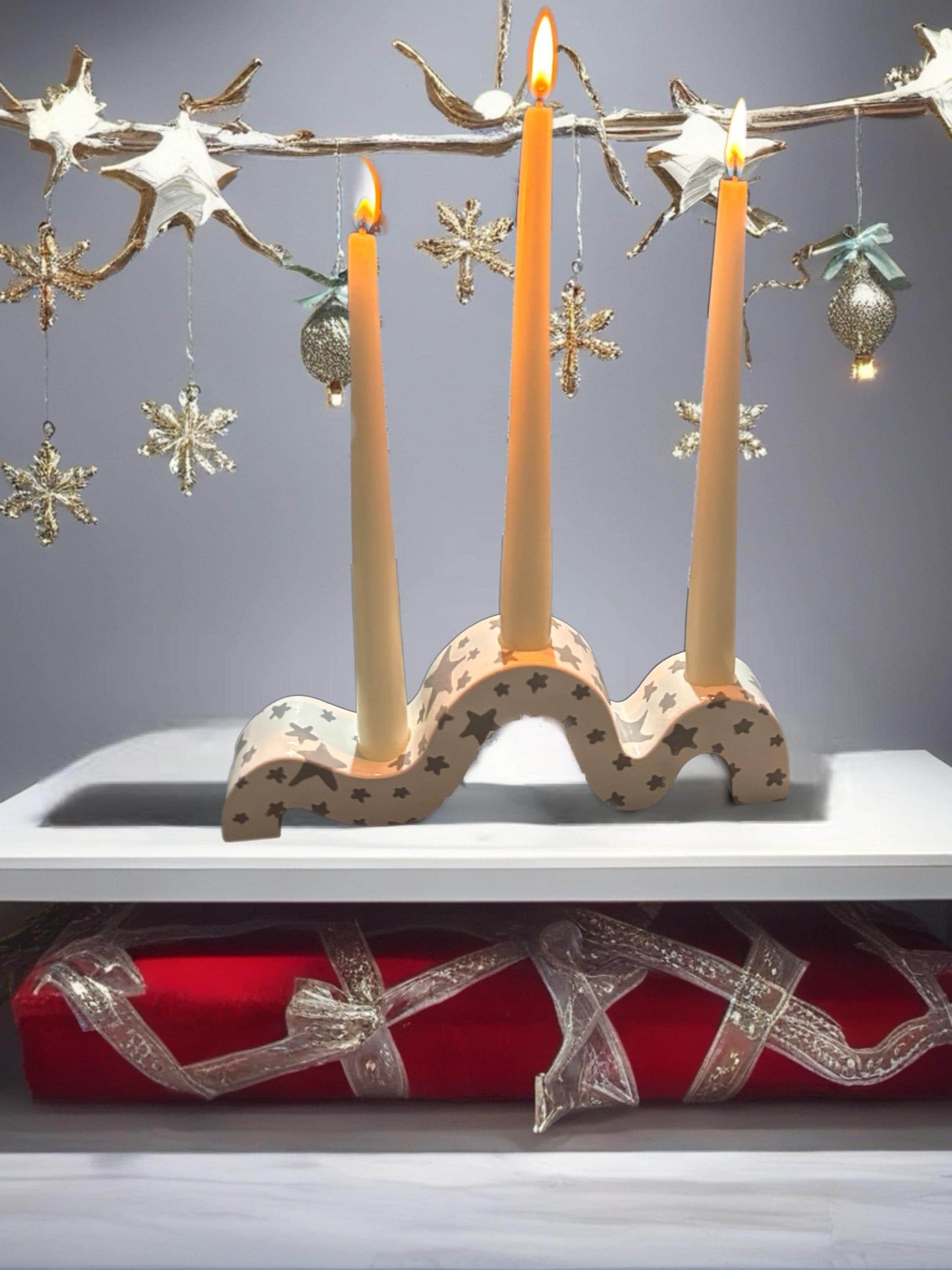 Ceramic Christmas Candle Holder Hand-Painted Festive Taper Holder Holiday Table Decor Winter Village Star Design Candle Not Included