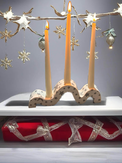 Ceramic Christmas Candle Holder Hand-Painted Festive Taper Holder Holiday Table Decor Winter Village Star Design Candle Not Included