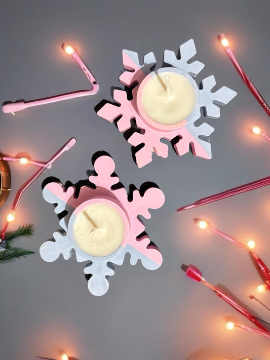 Set of 2 Ceramic Snowflake Candles Hand-Painted Winter Candle Pair Pink White Festive Tealight Holders Christmas Table Decor Cozy