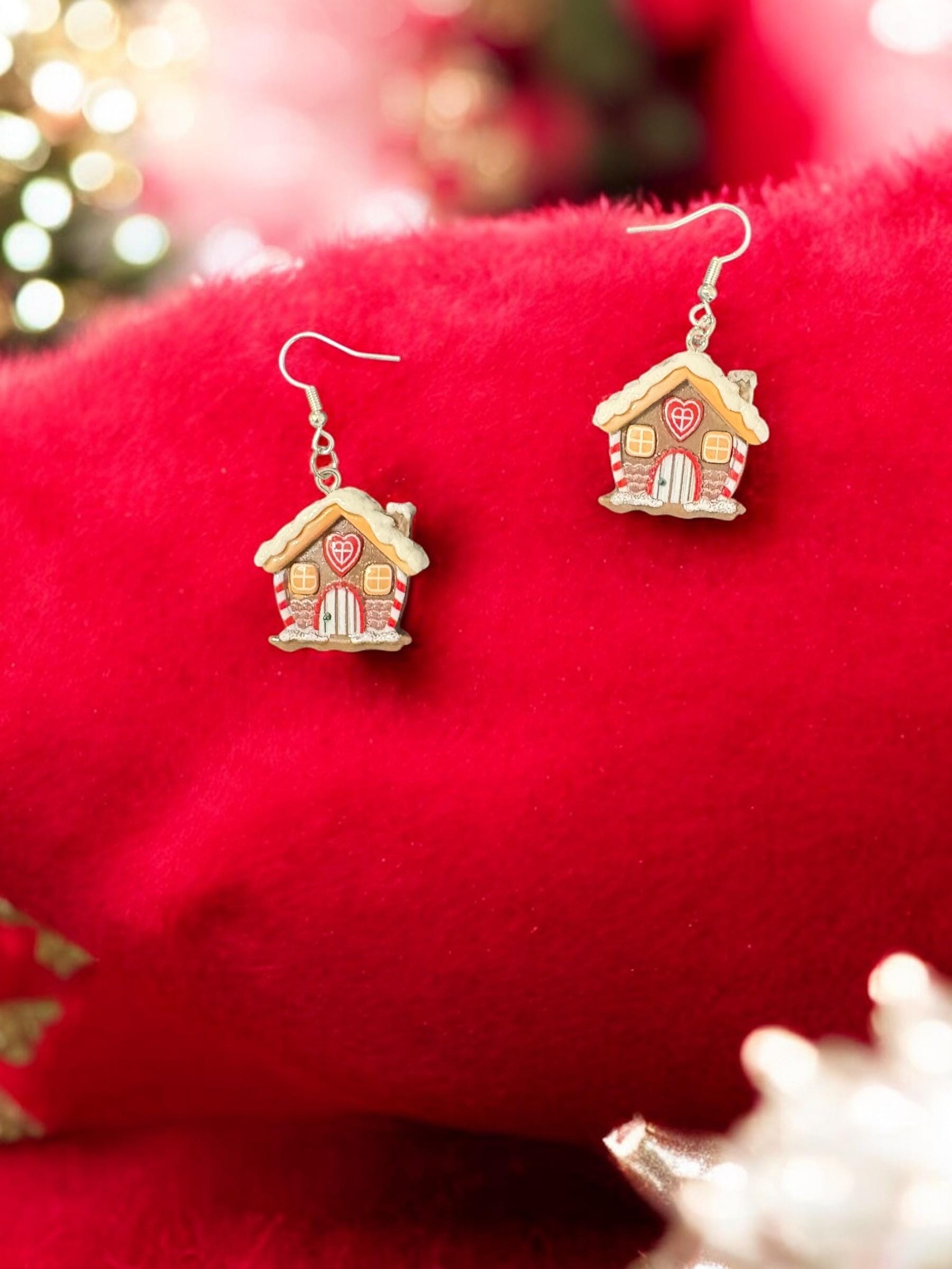 Gingerbread House Christmas Earrings Festive Holiday Jewelry Cute Handmade Christmas Gift Winter Wonderland Earrings Xmas Accessory