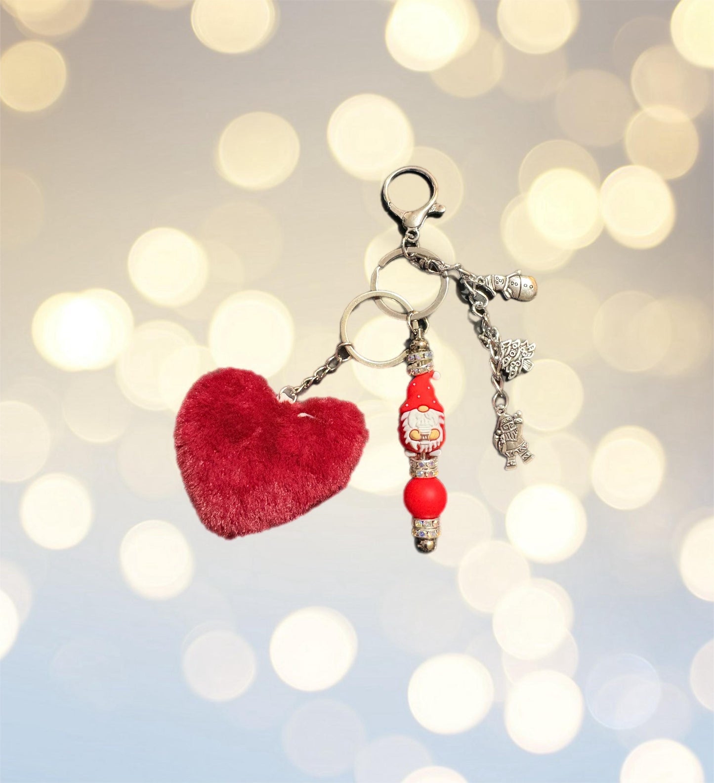 Christmas Keyring with Pom Pom pendants Beads Festive Bag Charm Holiday Gift for Her Cute Winter Keychain bag charm