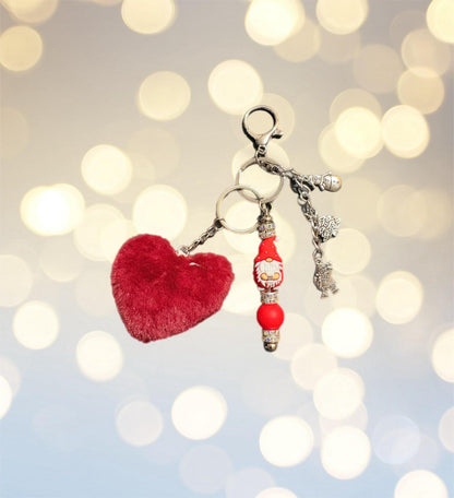 Christmas Keyring with Pom Pom pendants Beads Festive Bag Charm Holiday Gift for Her Cute Winter Keychain bag charm