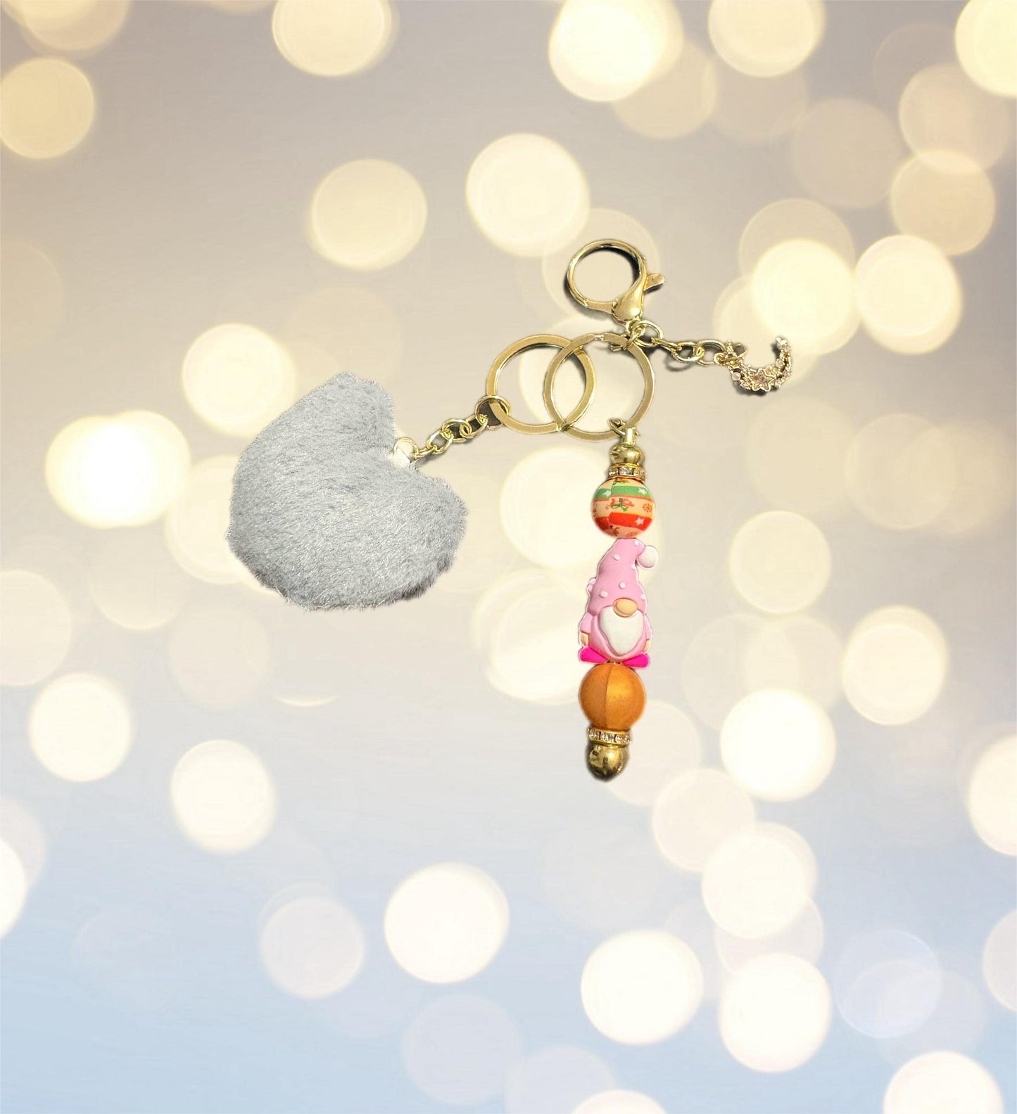 Christmas Keyring with Pom Pom pendants Beads Festive Bag Charm Holiday Gift for Her Cute Winter Keychain bag charm