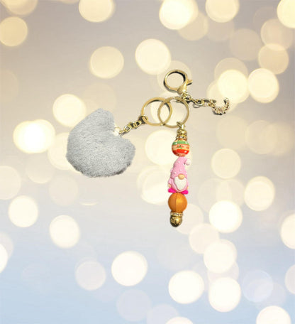 Christmas Keyring with Pom Pom pendants Beads Festive Bag Charm Holiday Gift for Her Cute Winter Keychain bag charm