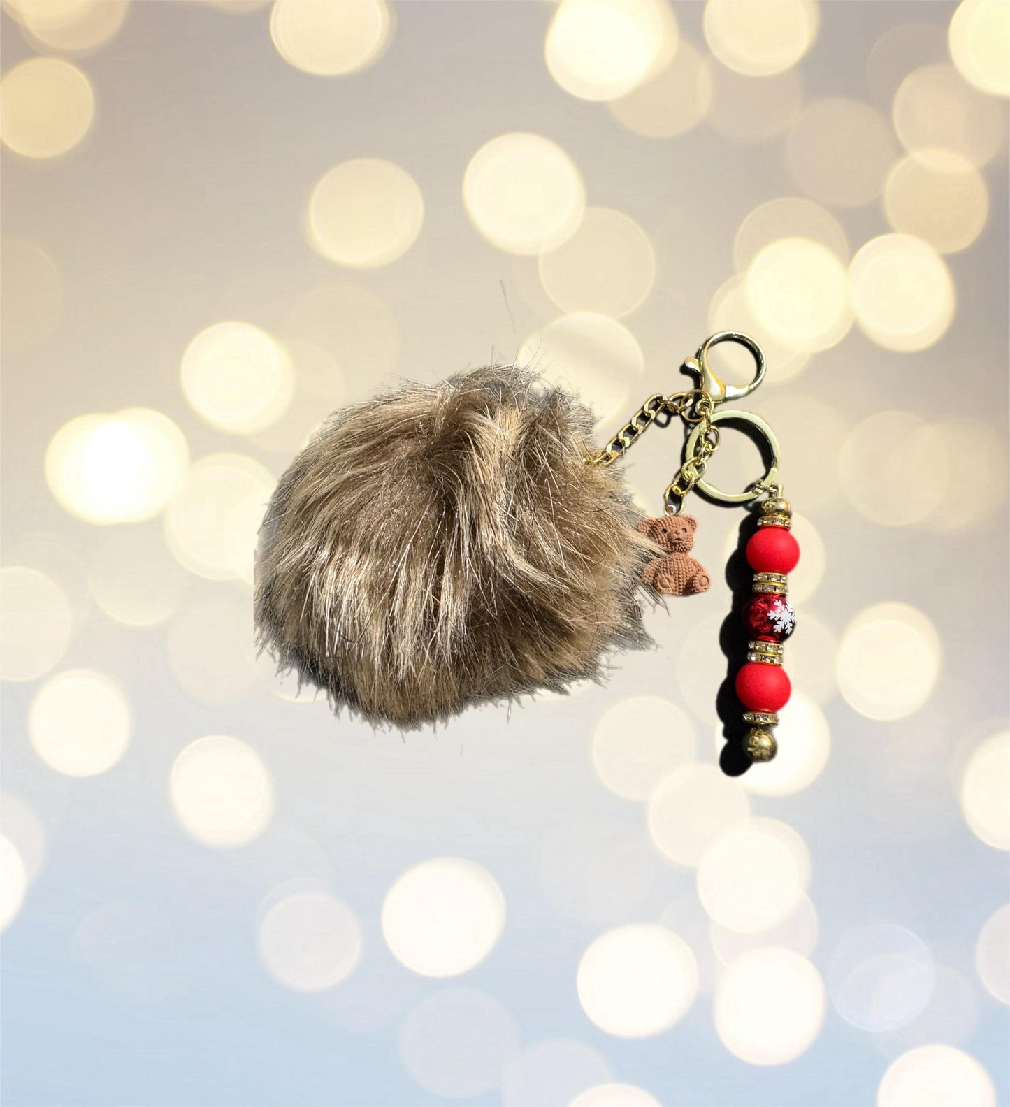 Christmas Keyring with Pom Pom pendants Beads Festive Bag Charm Holiday Gift for Her Cute Winter Keychain bag charm