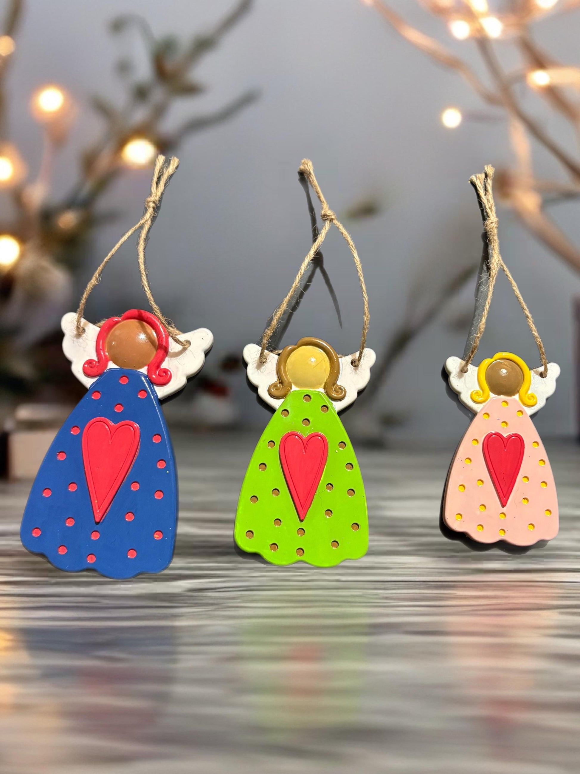 Set of 3 Resin Christmas Angel Ornaments | Hand Painted Tree Decorations | Colourful Festive Hanging Angels